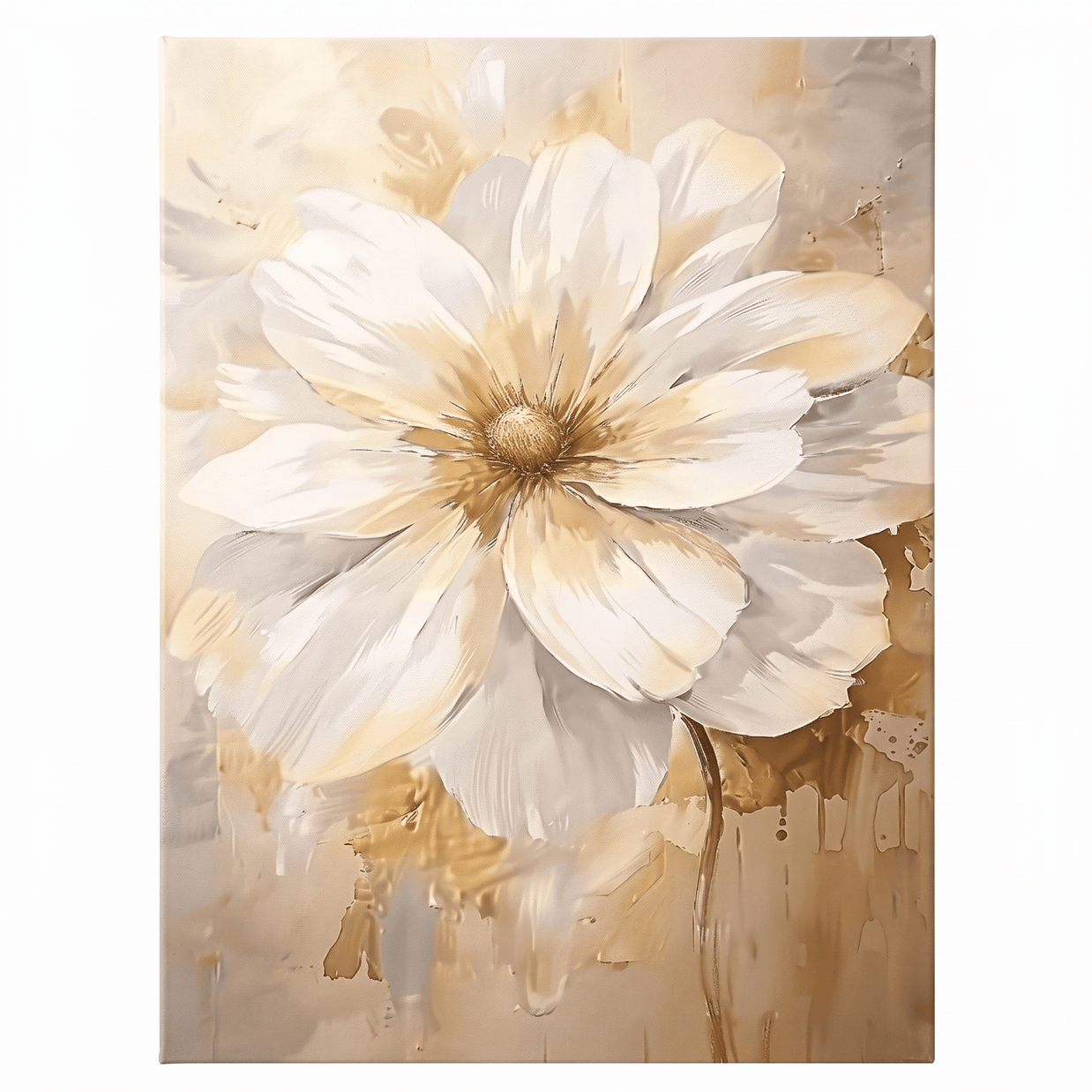 Witte Bloem met Goud – Luxe Neutraal Bloemschilderij - Volsani