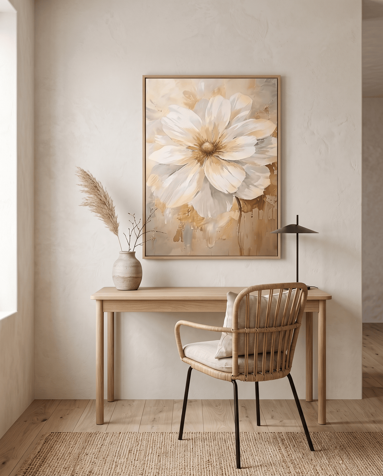 Witte Bloem met Goud – Luxe Neutraal Bloemschilderij - Volsani