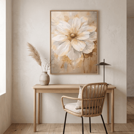 Witte Bloem met Goud – Luxe Neutraal Bloemschilderij - Volsani