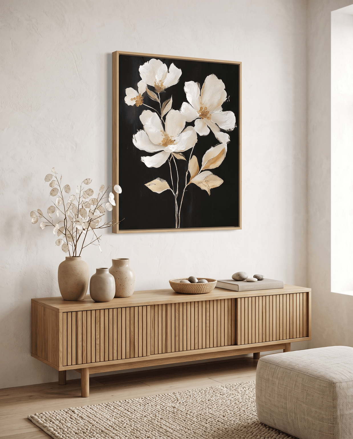 Witte Bloemen op Zwart – Elegant Bloemschilderij - Volsani