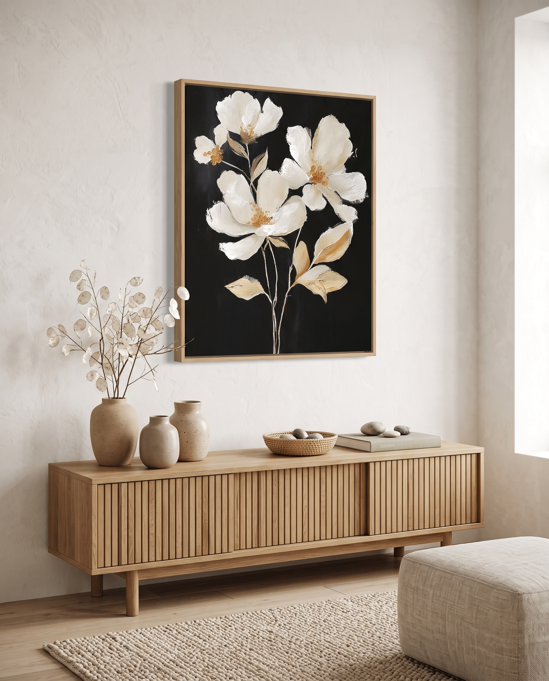 Witte Bloemen op Zwart – Elegant Bloemschilderij - Volsani