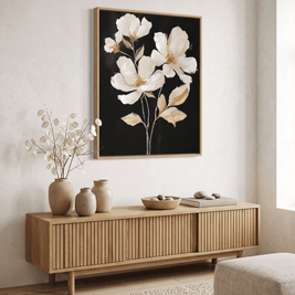 Witte Bloemen op Zwart – Elegant Bloemschilderij - Volsani