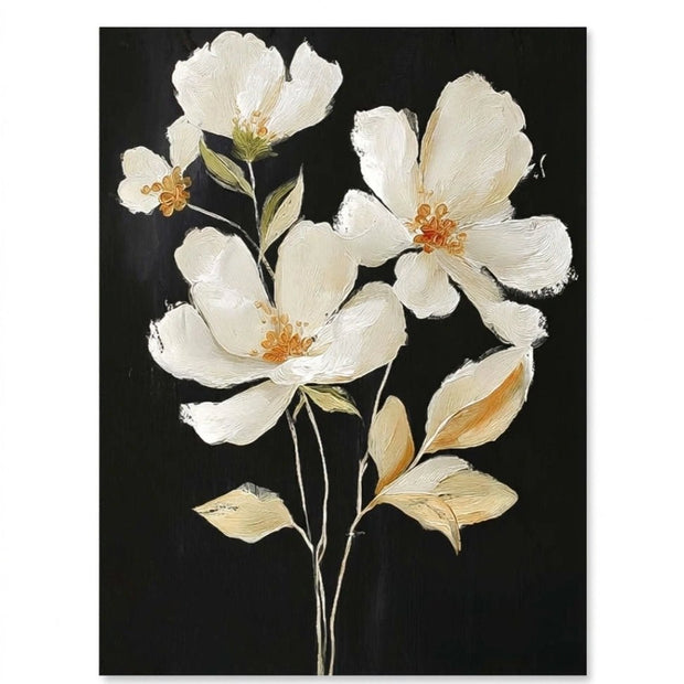 Witte Bloemen op Zwart – Elegant Bloemschilderij - Volsani