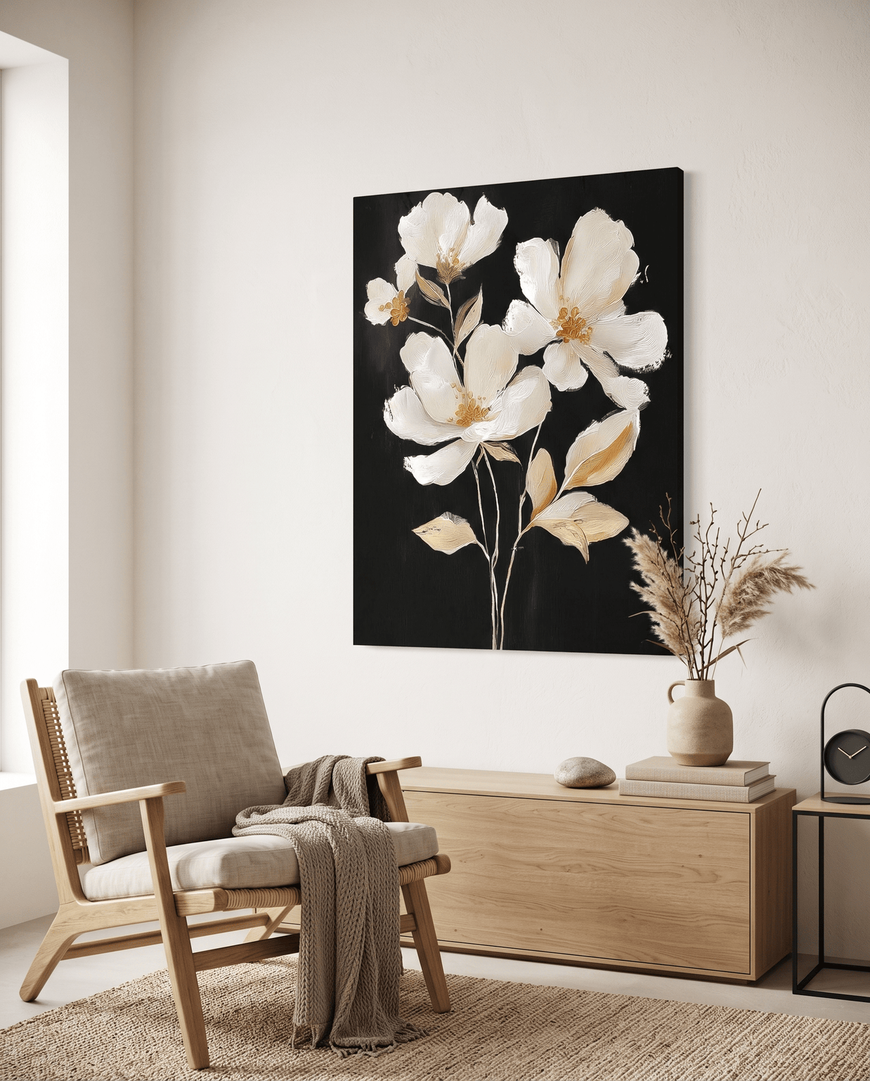 Witte Bloemen op Zwart – Elegant Bloemschilderij - Volsani