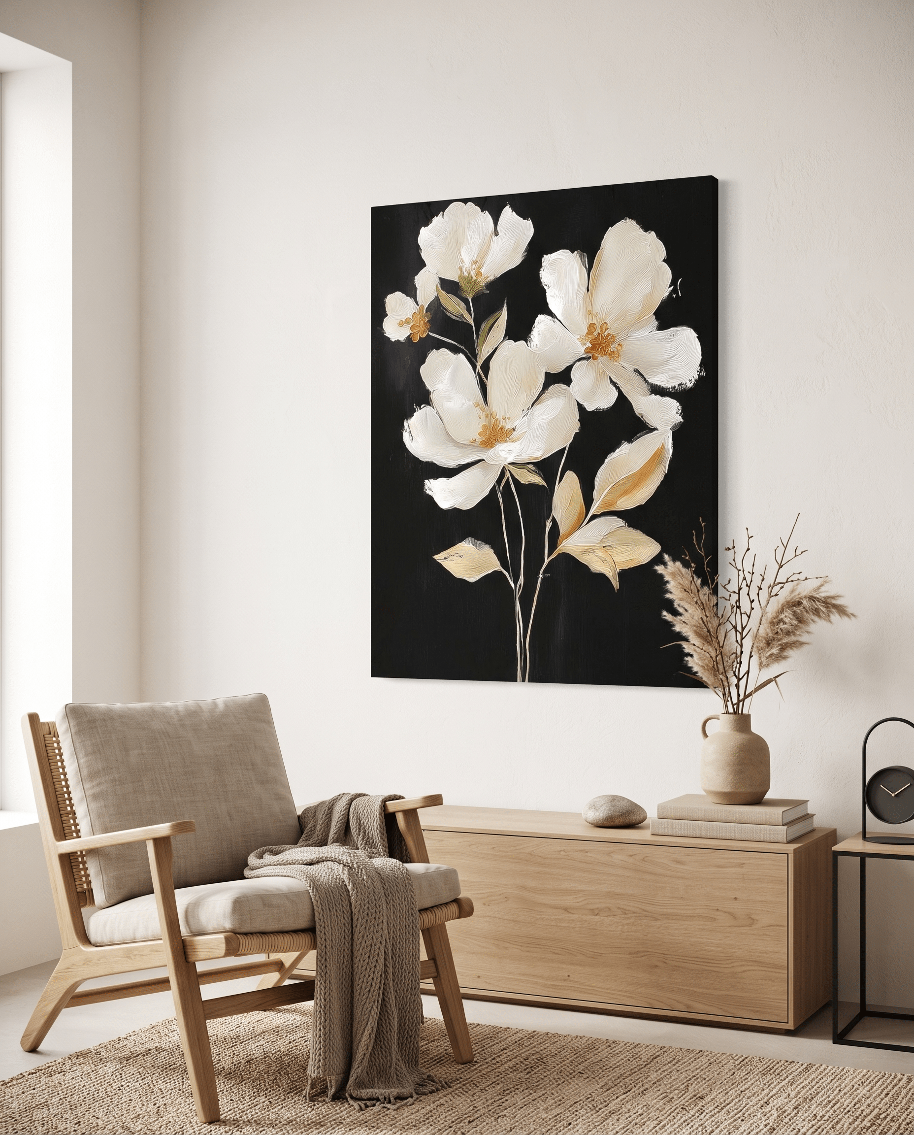 Witte Bloemen op Zwart – Elegant Bloemschilderij - Volsani