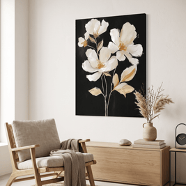 Witte Bloemen op Zwart – Elegant Bloemschilderij - Volsani