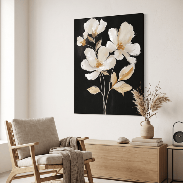 Witte Bloemen op Zwart – Elegant Bloemschilderij - Volsani