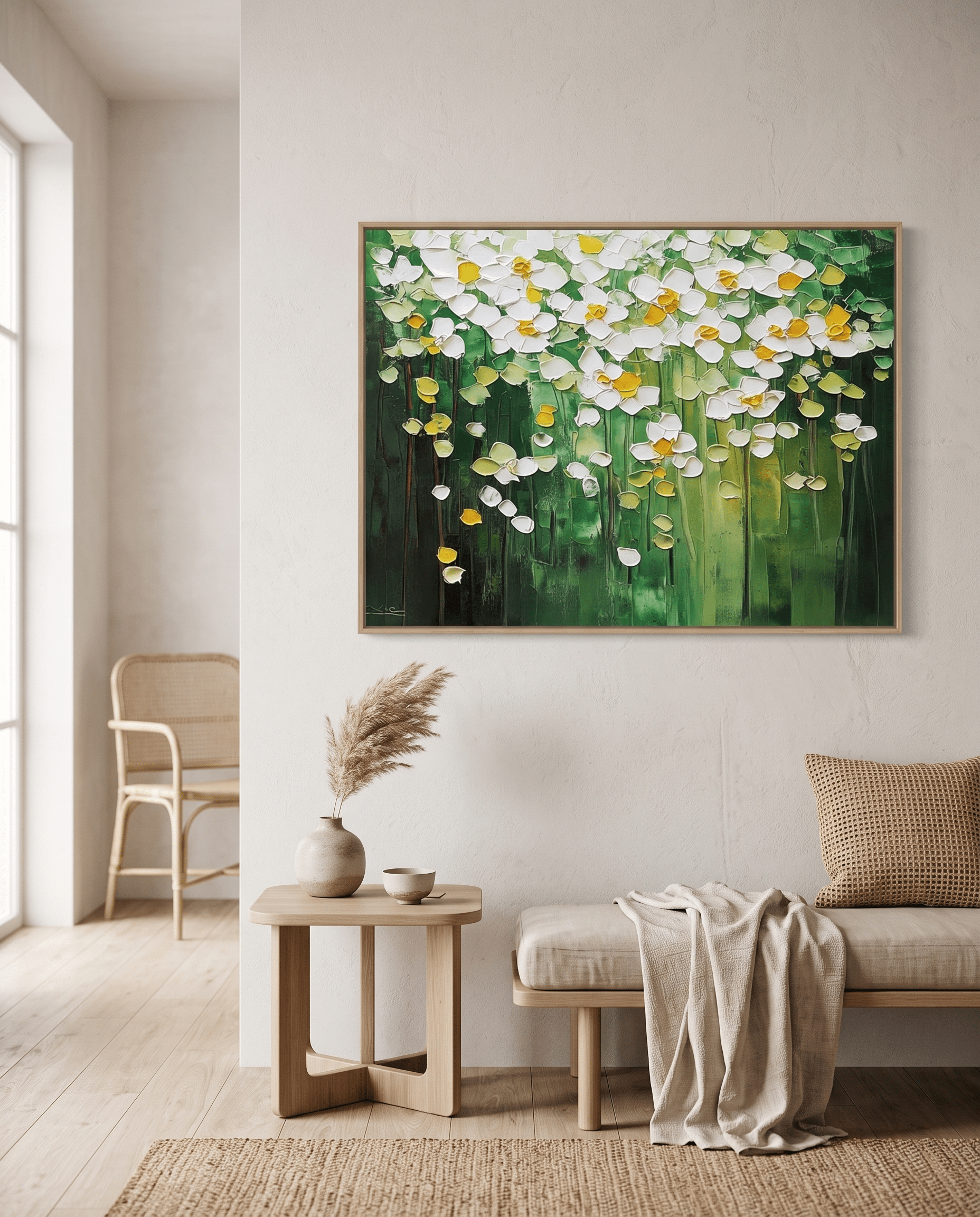 Witte Bloesems op Groen – Breed Bloemschilderij (Horizontaal) - Volsani