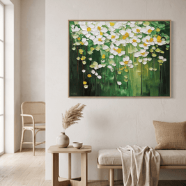 Witte Bloesems op Groen – Breed Bloemschilderij (Horizontaal) - Volsani