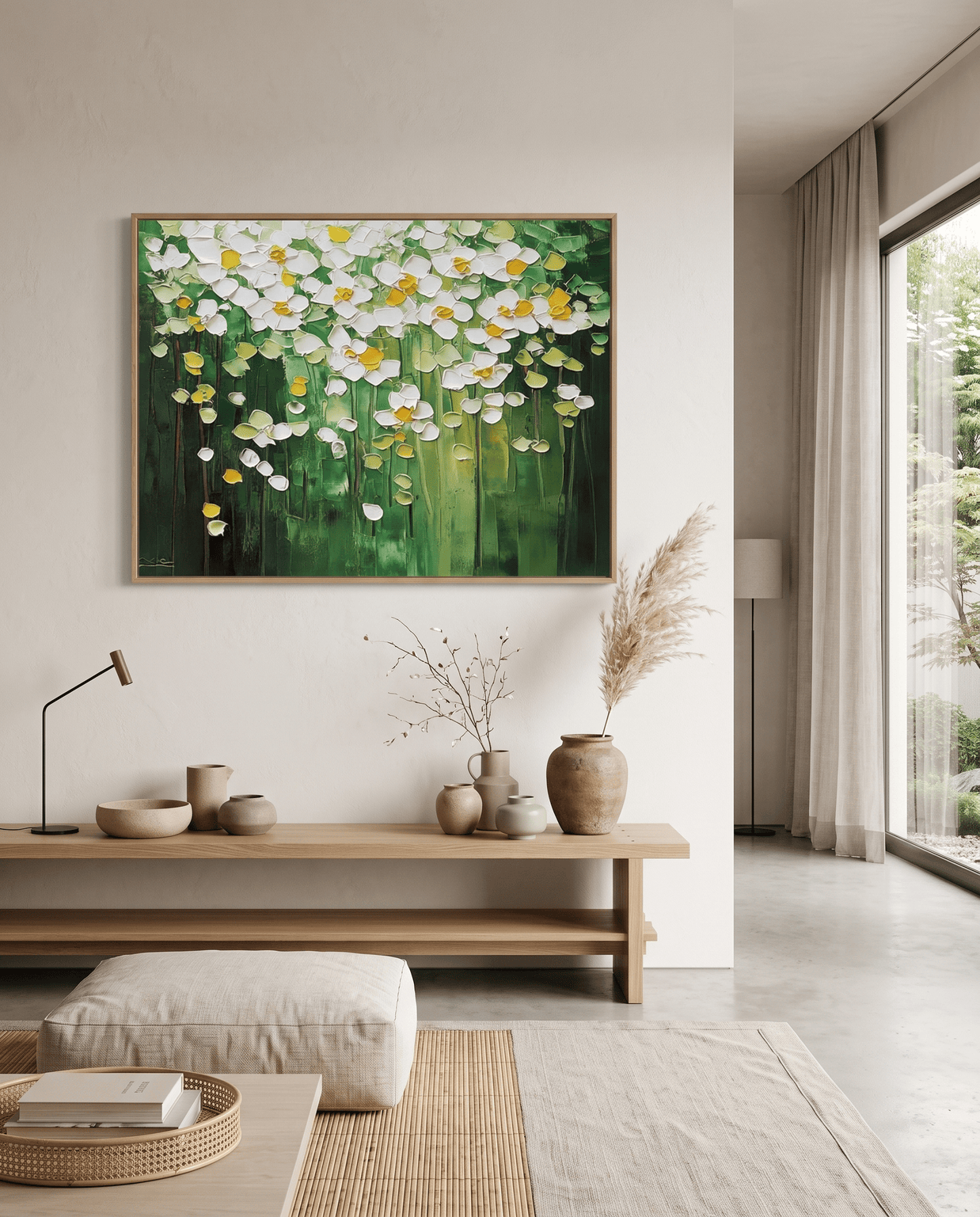 Witte Bloesems op Groen – Breed Bloemschilderij (Horizontaal) - Volsani