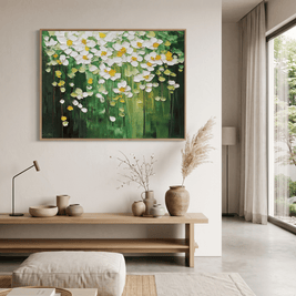 Witte Bloesems op Groen – Breed Bloemschilderij (Horizontaal) - Volsani