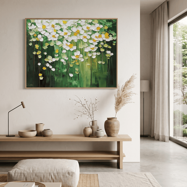 Witte Bloesems op Groen – Breed Bloemschilderij (Horizontaal) - Volsani