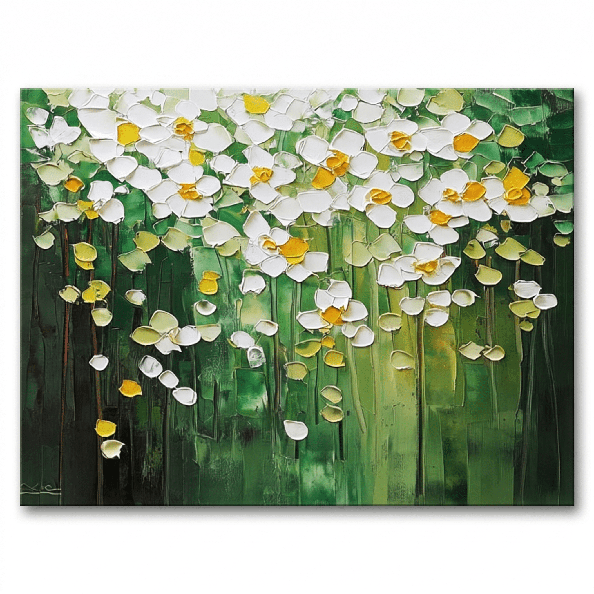 Witte Bloesems op Groen – Breed Bloemschilderij (Horizontaal) - Volsani