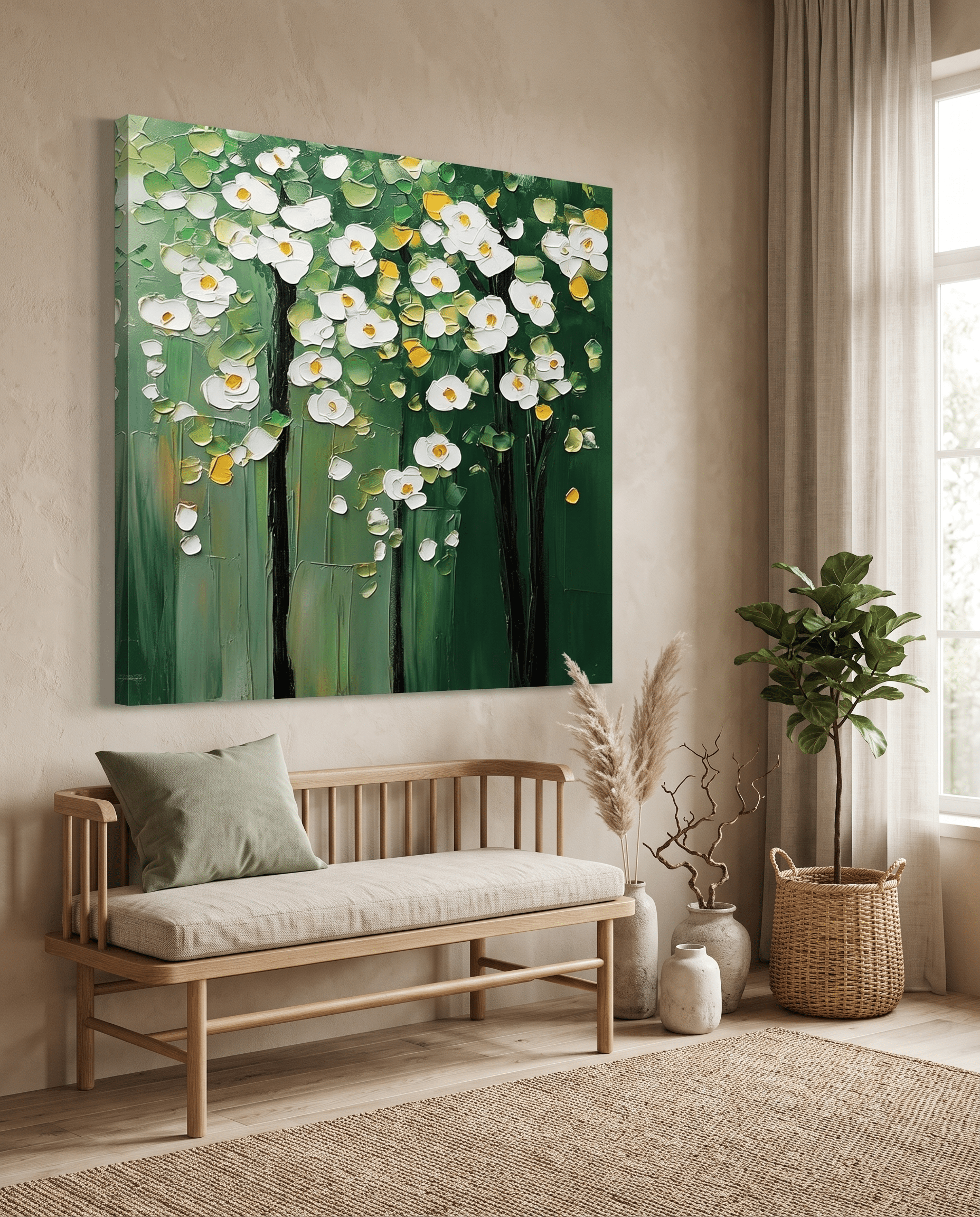 Witte Bloesems op Groen – Getextureerd Bloemschilderij - Volsani