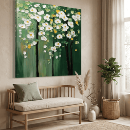 Witte Bloesems op Groen – Getextureerd Bloemschilderij - Volsani