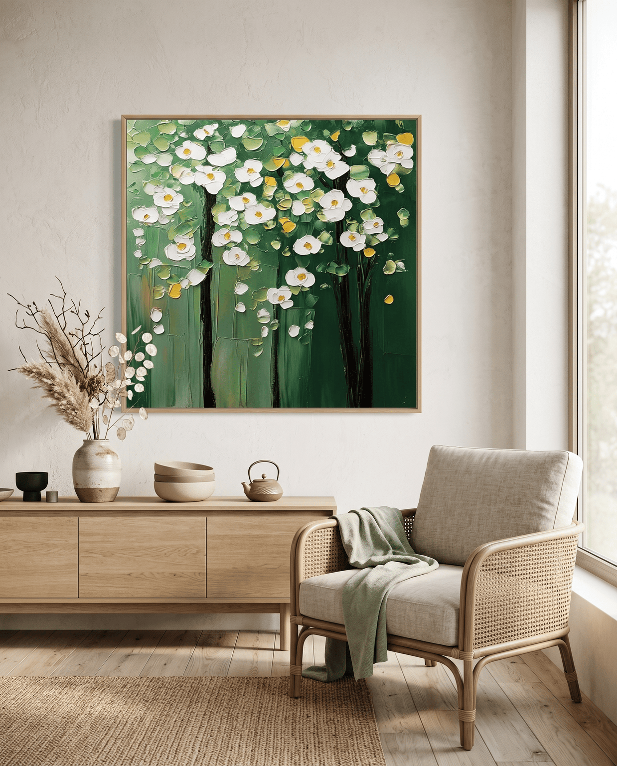 Witte Bloesems op Groen – Getextureerd Bloemschilderij - Volsani