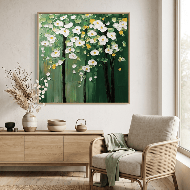 Witte Bloesems op Groen – Getextureerd Bloemschilderij - Volsani