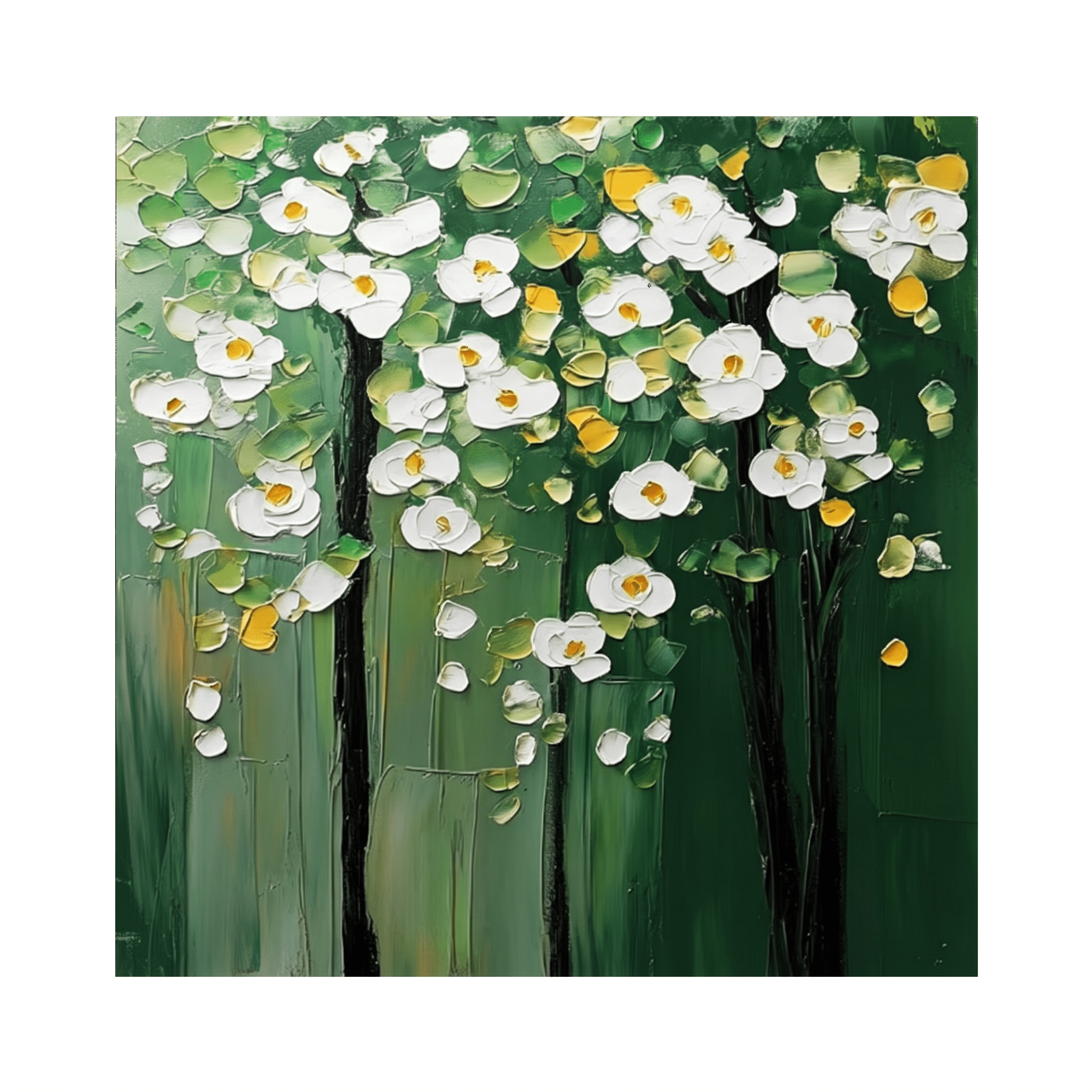 Witte Bloesems op Groen – Getextureerd Bloemschilderij - Volsani