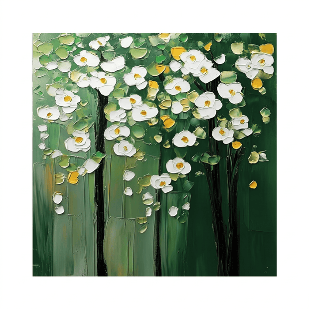 Witte Bloesems op Groen – Getextureerd Bloemschilderij - Volsani