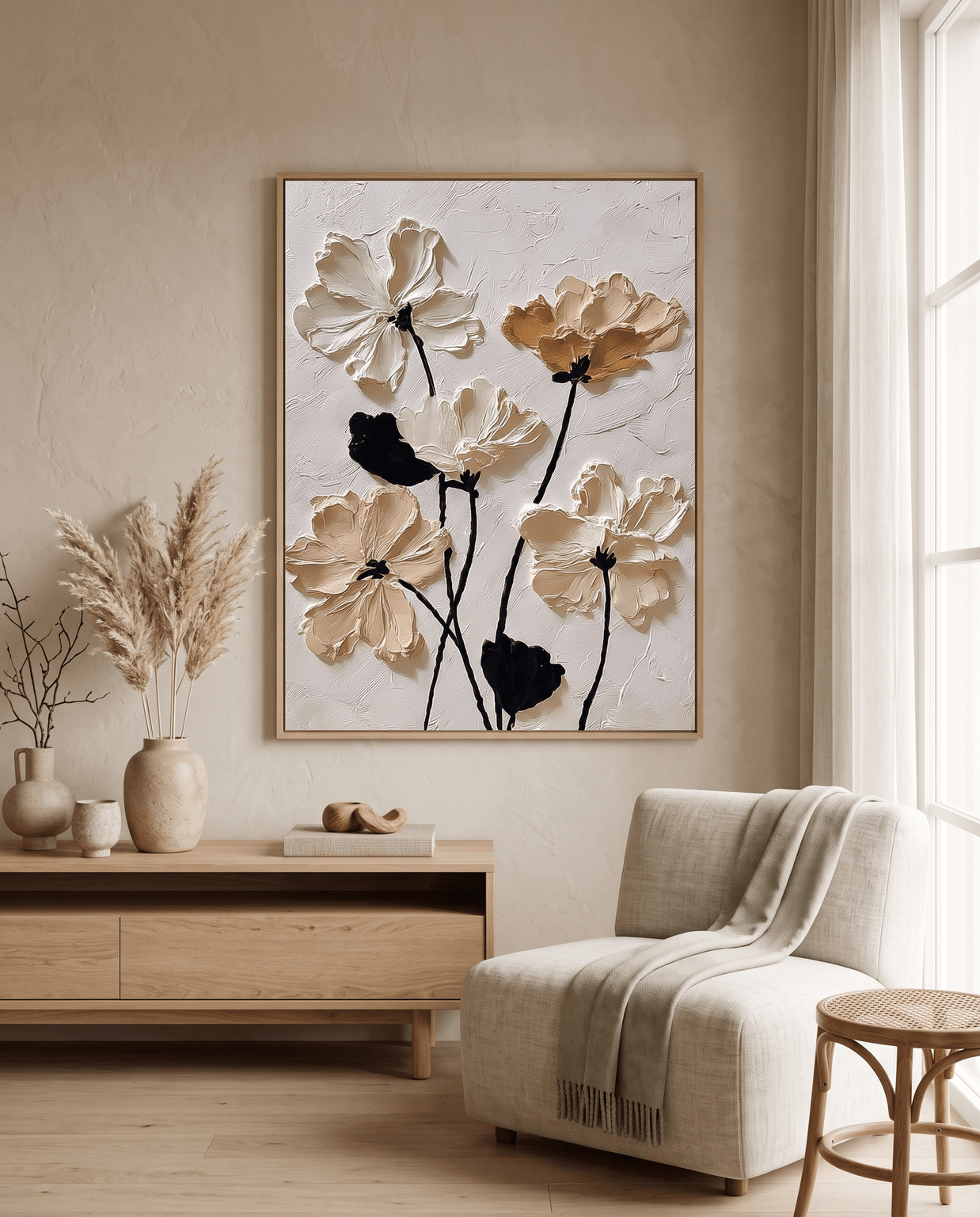 Witte Cosmos Bloemen – Neutraal Getextureerd Schilderij - Volsani