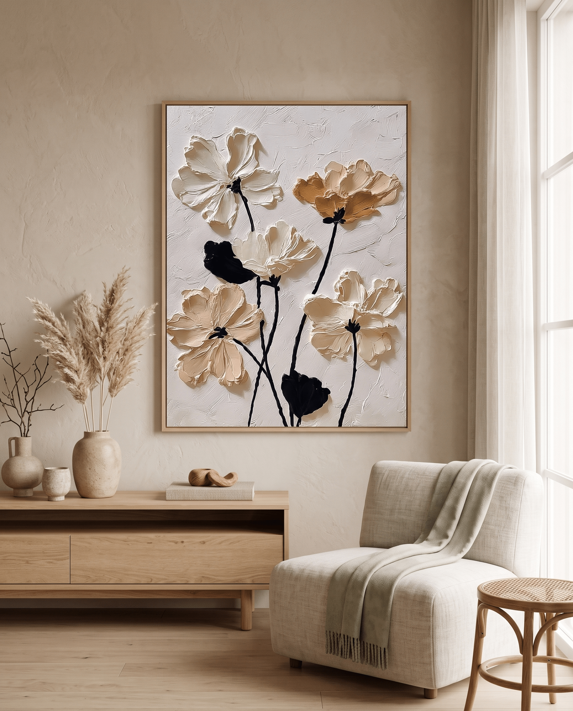 Witte Cosmos Bloemen – Neutraal Getextureerd Schilderij - Volsani