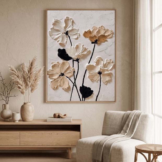 Witte Cosmos Bloemen – Neutraal Getextureerd Schilderij - Volsani