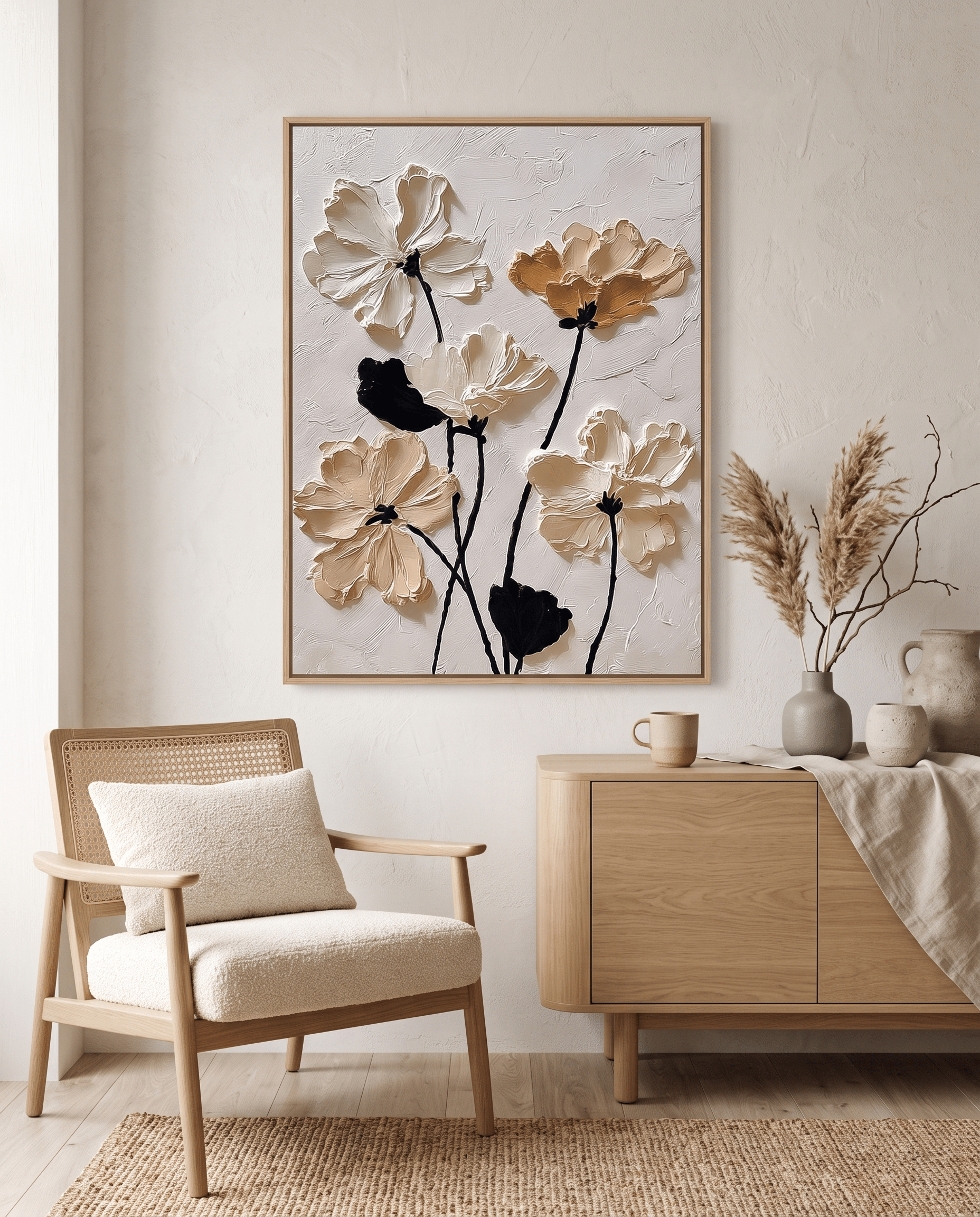 Witte Cosmos Bloemen – Neutraal Getextureerd Schilderij - Volsani