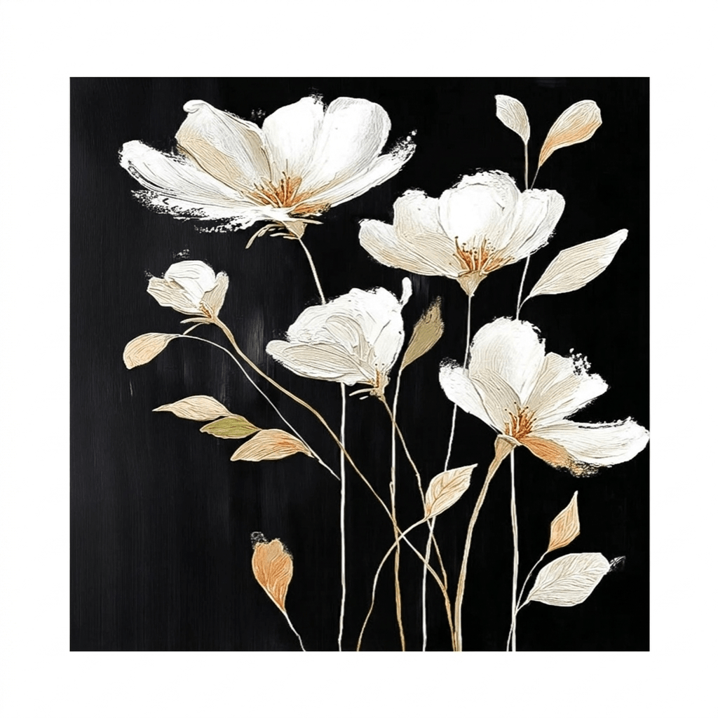 Witte Magnolia op Zwart – Botanisch Bloemschilderij - Volsani