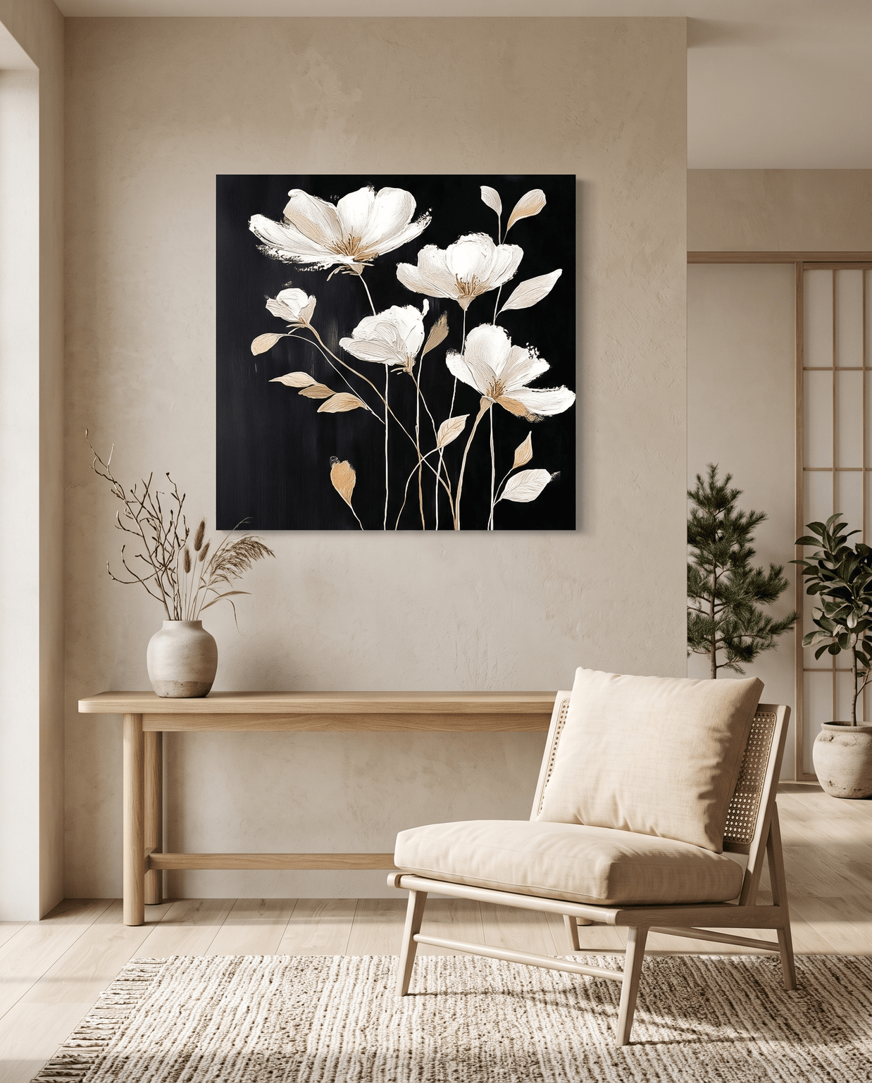Witte Magnolia op Zwart – Botanisch Bloemschilderij - Volsani
