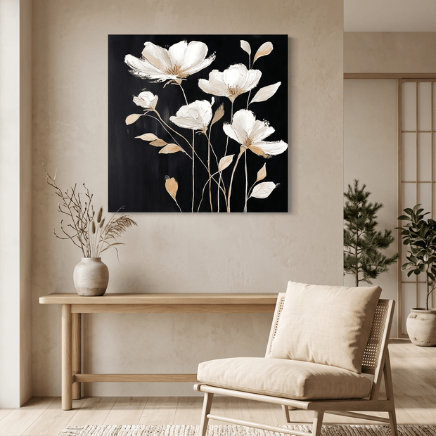 Witte Magnolia op Zwart – Botanisch Bloemschilderij - Volsani