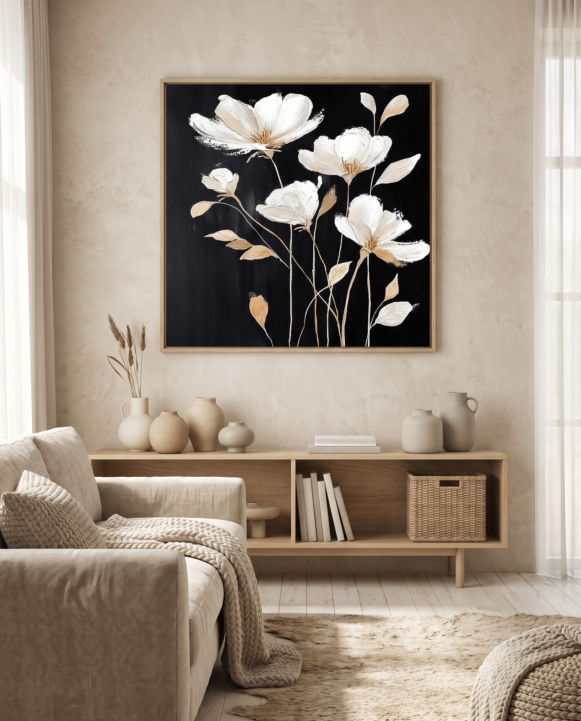 Witte Magnolia op Zwart – Botanisch Bloemschilderij - Volsani