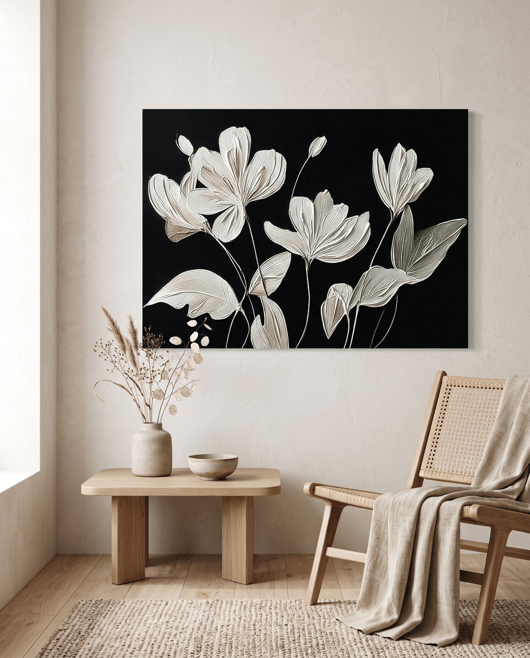 Witte Tulpen op Zwart – Bloemschilderij (Contrast) - Volsani