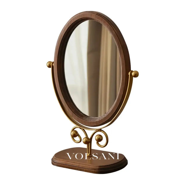 Wood Frame Vanity Mirror Vintage Oval Tabletop & Dressing Table Mirror 360 Rotating Stand Black or Gold 12.2in - Decor