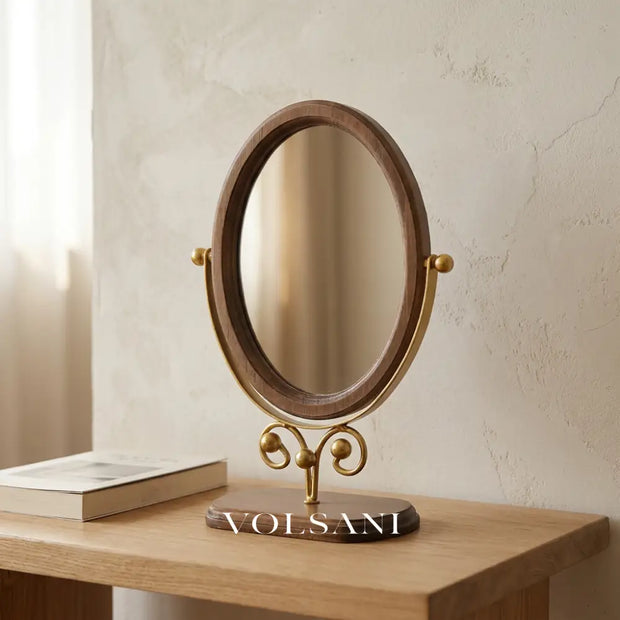 LARA wood frame vanity mirror on an oak surface