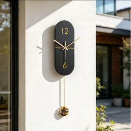 Wood Pendulum Wall Clock with Silent Movement Modern Living Room & Hallway Clock Minimalist Long Swing Arm Black 24.4in