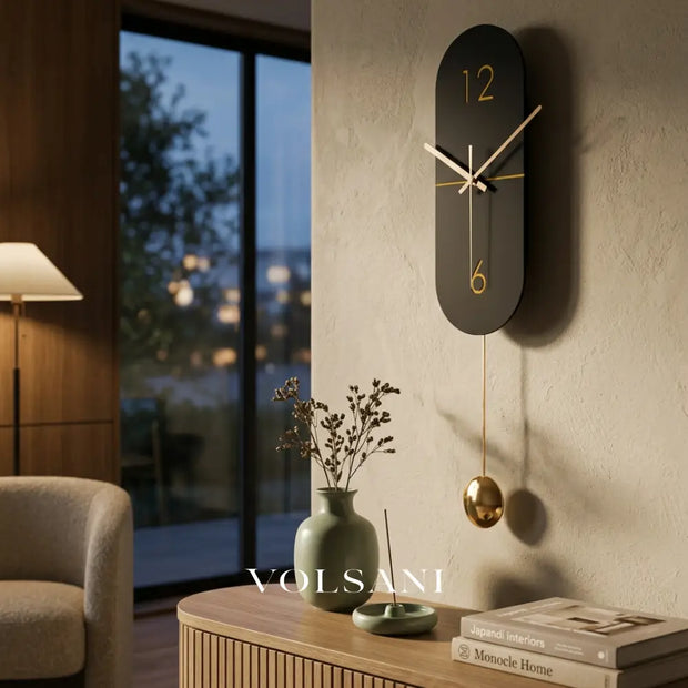 TOSCA wood pendulum wall clock in a living room