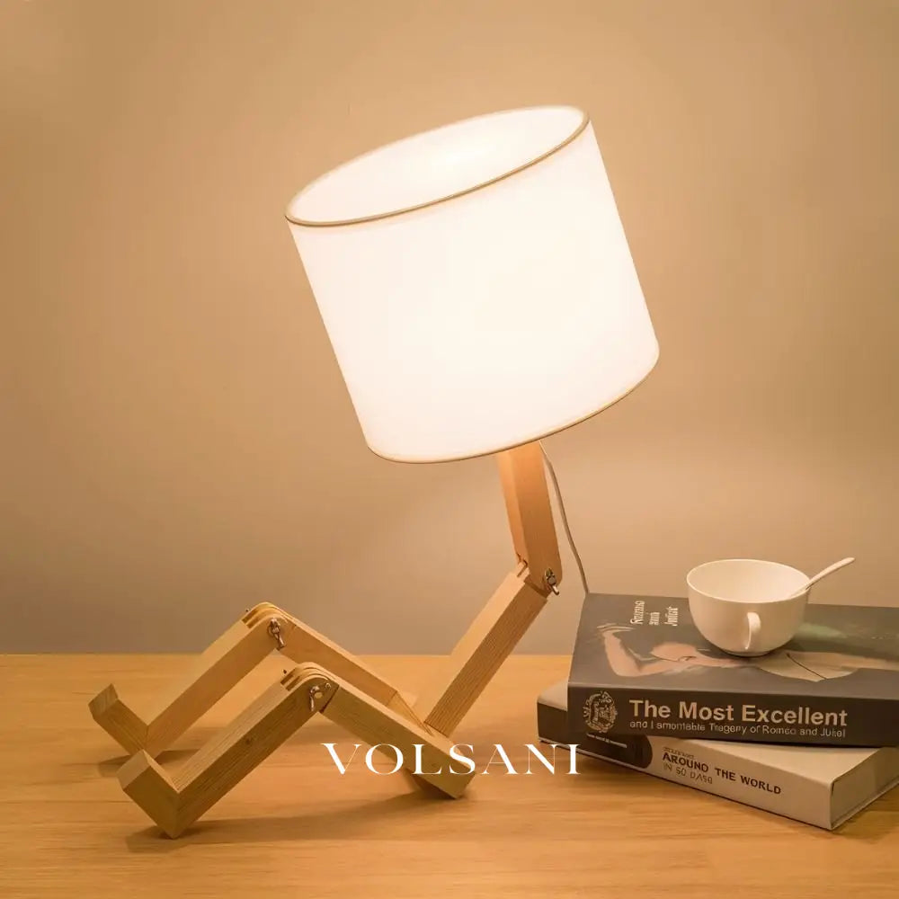 Wood Table Lamp with Adjustable Figure Frame Poseable Desk & Bedside Lamp with Fabric Shade Warm or Cool White 17in