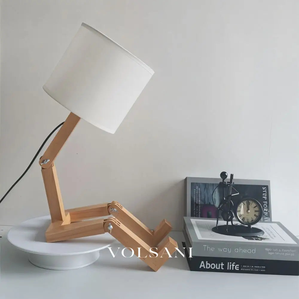 Wood Table Lamp with Adjustable Figure Frame Poseable Desk & Bedside Lamp with Fabric Shade Warm or Cool White 17in