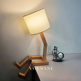 Wood Table Lamp with Adjustable Figure Frame Poseable Desk & Bedside Lamp with Fabric Shade Warm or Cool White 17in