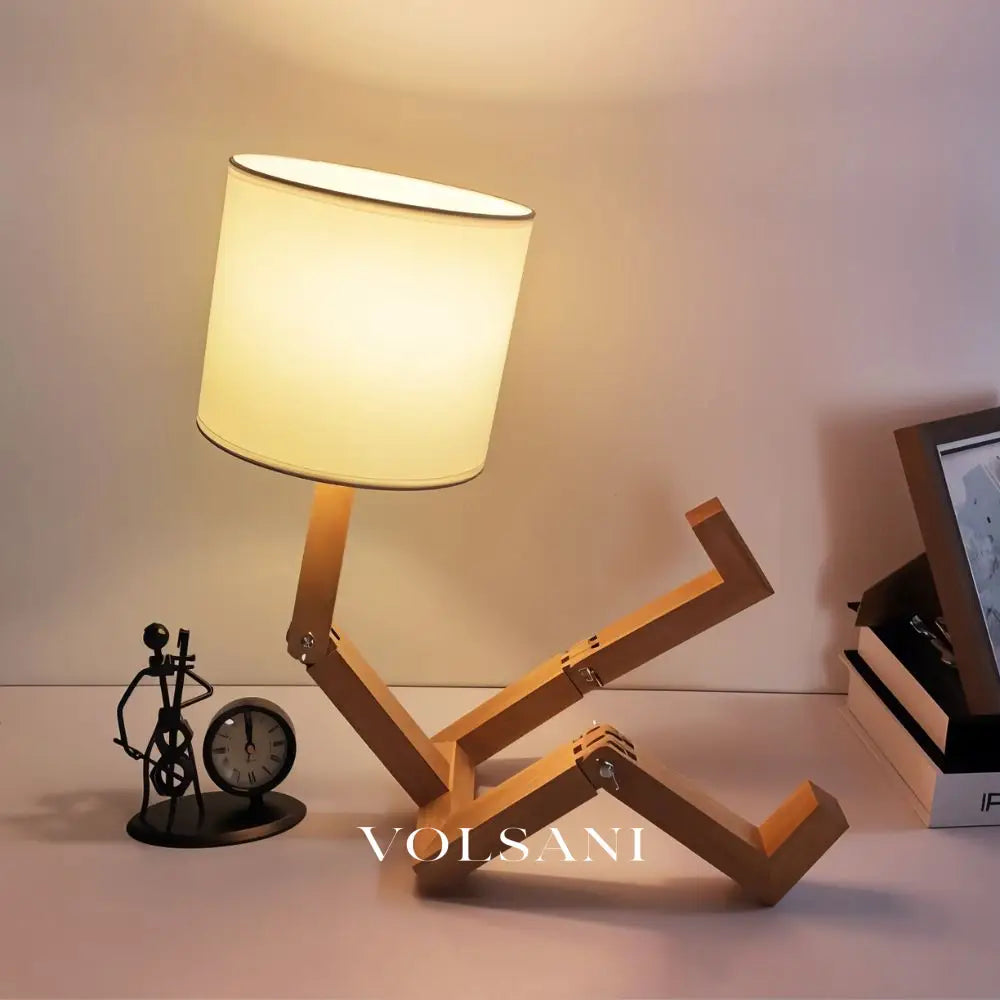 Wood Table Lamp with Adjustable Figure Frame Poseable Desk & Bedside Lamp with Fabric Shade Warm or Cool White 17in