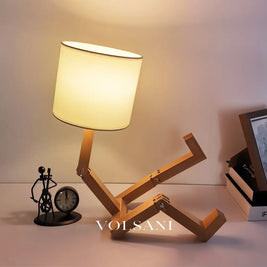 Wood Table Lamp with Adjustable Figure Frame Poseable Desk & Bedside Lamp with Fabric Shade Warm or Cool White 17in