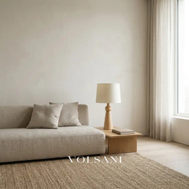 Scandinavian wood table lamp switched off on a side table in daylight