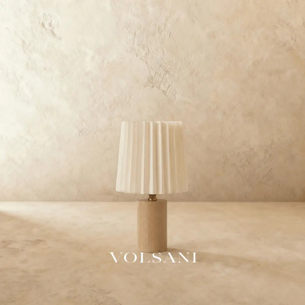 Wood Table Lamp with Pleated Linen Shade Antique Brass Reading & Console Lamp Dimmable LED Walnut or Natural Wood 12in
