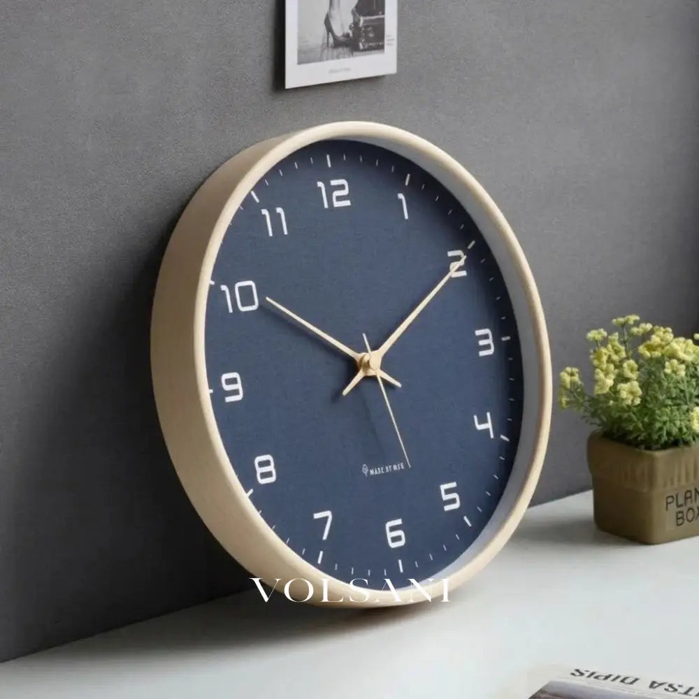 Wood Wall Clock with Blue Dial Nordic Kitchen & Office Clock Non Ticking Silent Sweep Scandinavian 9.8in - 9.8 inch