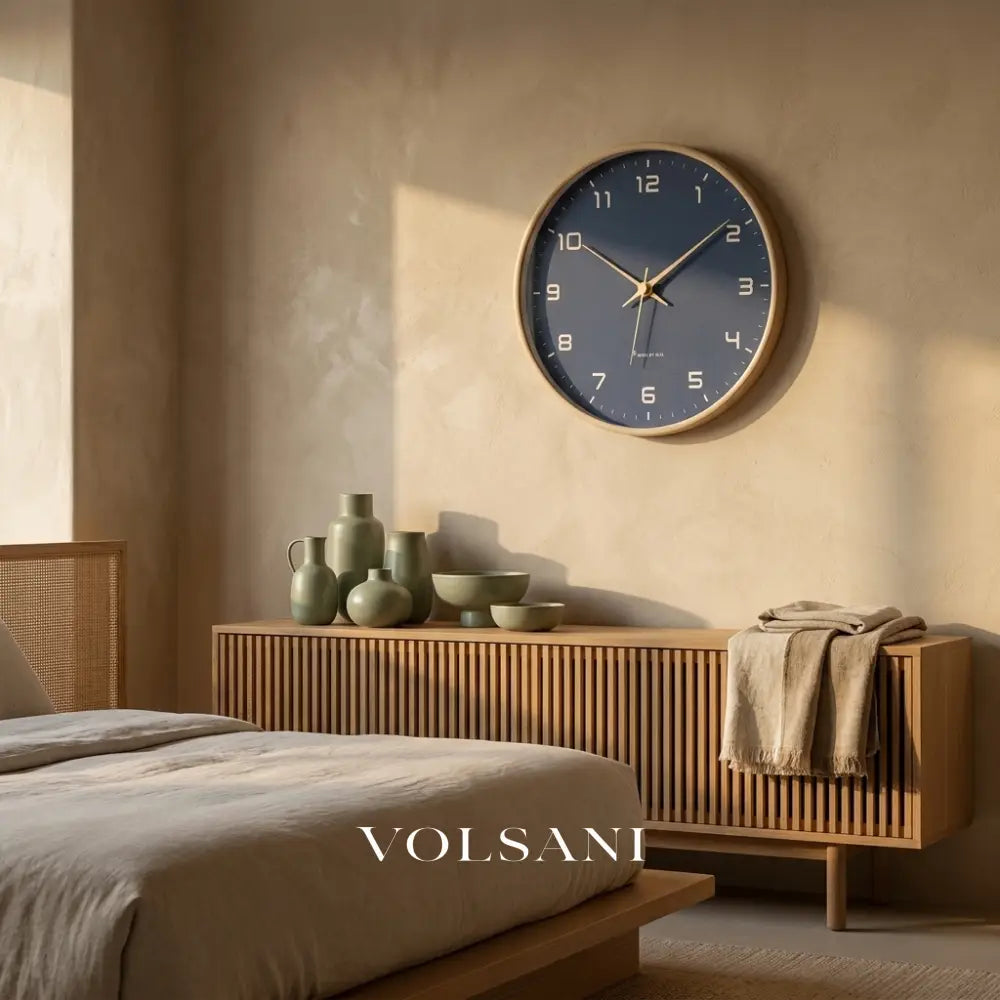 Azure Blue Minimalist Nordic Wood Wall Clock in a bedroom