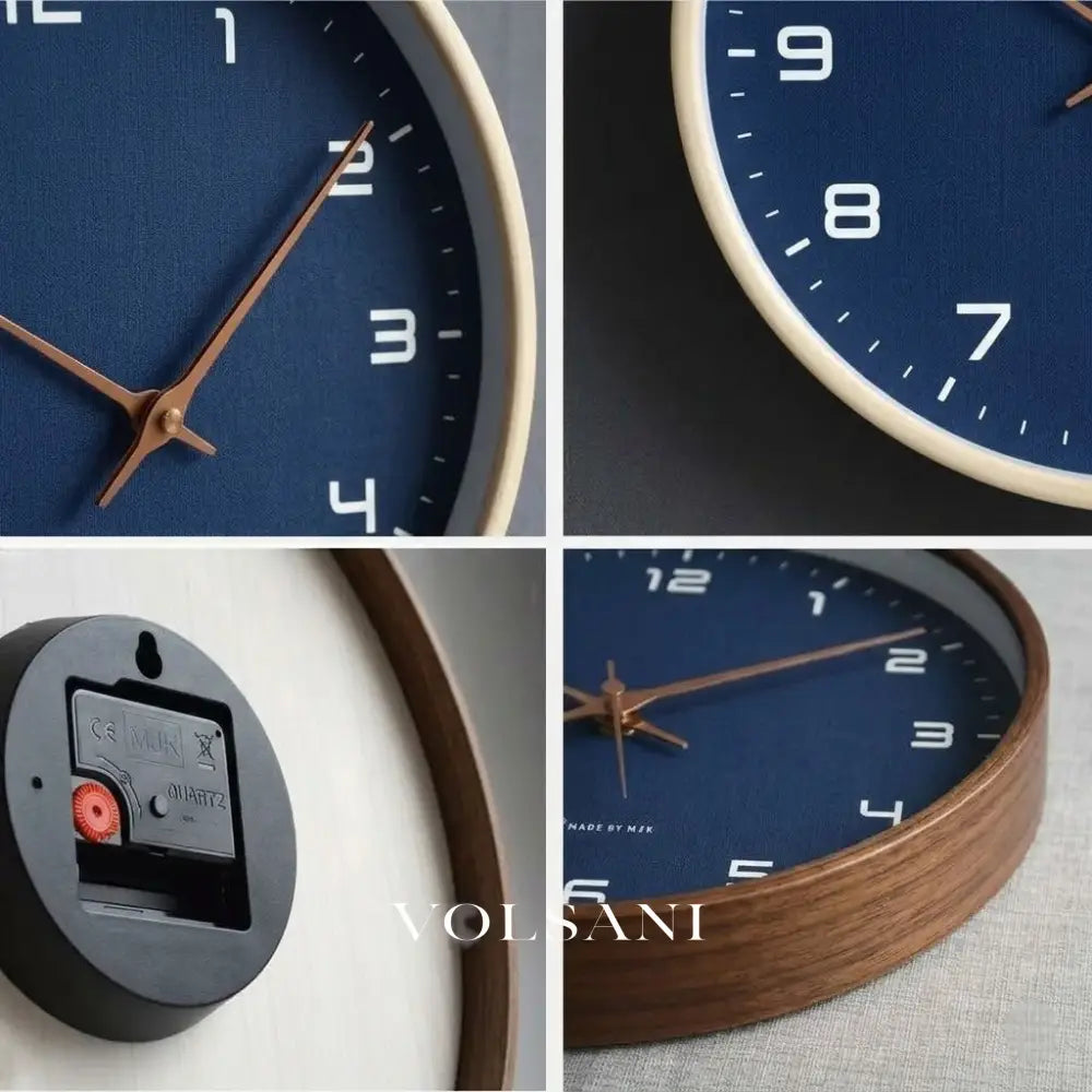 Wood Wall Clock with Blue Dial Nordic Kitchen & Office Clock Non Ticking Silent Sweep Scandinavian 9.8in - 9.8 inch