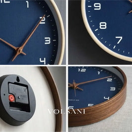 Wood Wall Clock with Blue Dial Nordic Kitchen & Office Clock Non Ticking Silent Sweep Scandinavian 9.8in - 9.8 inch