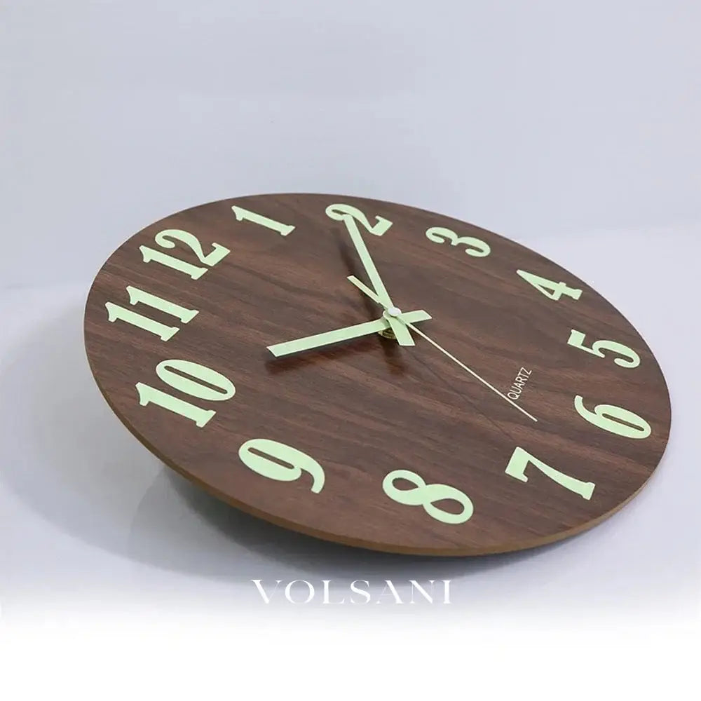 Wood Wall Clock with Luminous Hands Scandinavian Bedroom & Office Clock Glows in the Dark Non Ticking 12in - Decor >
