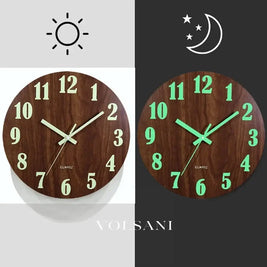 Wood Wall Clock with Luminous Hands Scandinavian Bedroom & Office Clock Glows in the Dark Non Ticking 12in - Decor >
