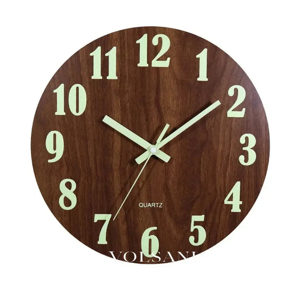 Wood Wall Clock with Luminous Hands Scandinavian Bedroom & Office Clock Glows in the Dark Non Ticking 12in - Decor >